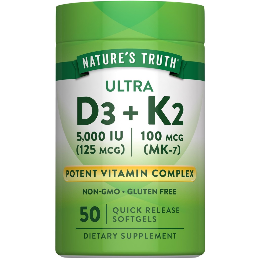 Nature's Truth Vitamin K2 MK7 Complex | 100 mcg | 50 Softgels | mit D3 | Non-GMO & Gluten Kostenlose Ergänzung