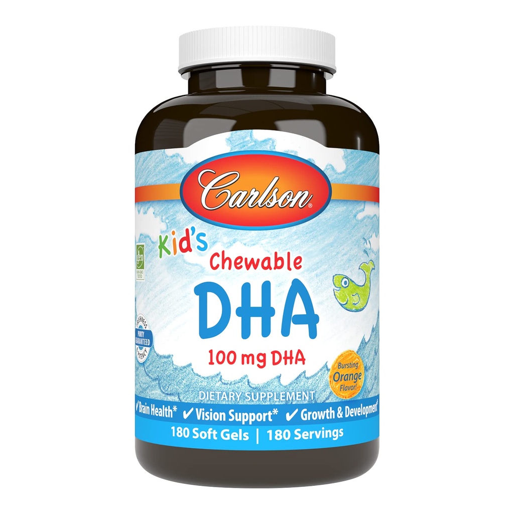 Carlson - Kid's Chewable DHA, 100 mg DHA, Brain Health, Vision Function, Growth & Development, Orange, 180 Kaubare Softgels