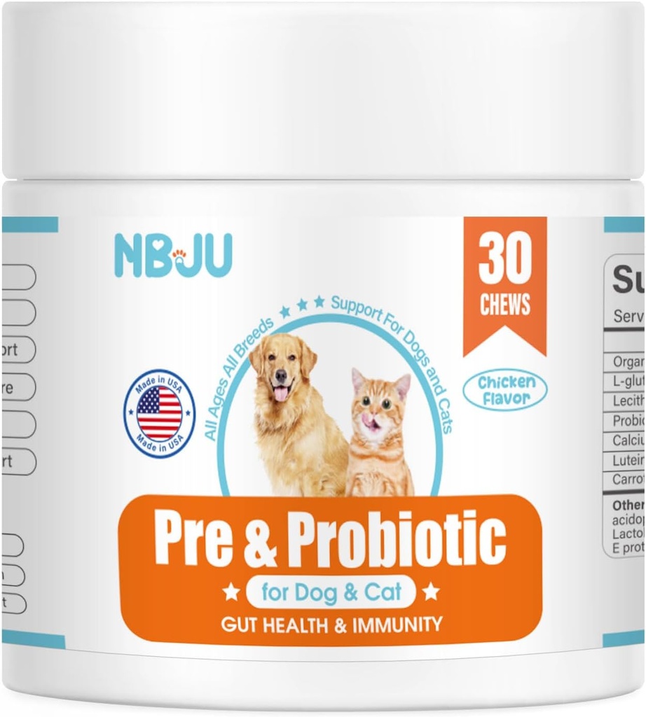 NBJU Probiotics for Dogs Cat Probiotic Chews Support Gut Health, Immunität Gesundheit, Durchfall, Verdauungs-Gesundheit & Saisonale Allergien - Huhn Flavor - 30 Chews Prebiotics und Probiotics