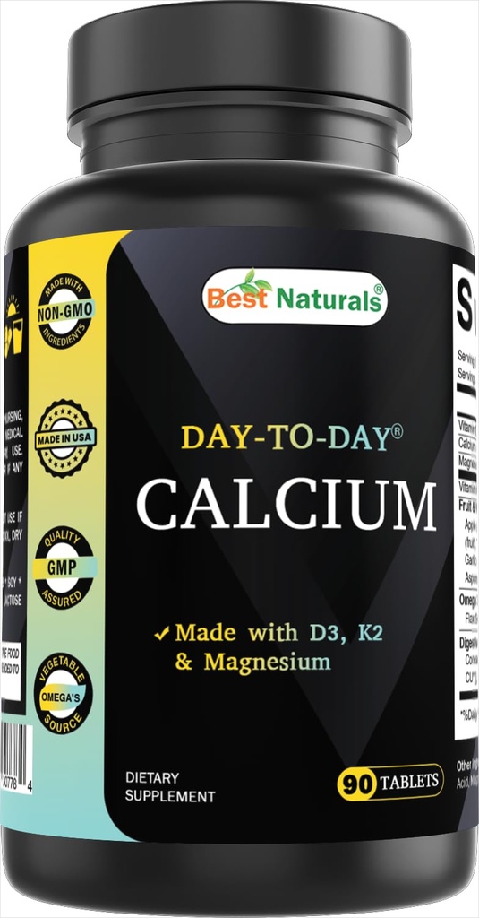 Best Naturals Calcium mit D3 K2 Magnesium 90 Tabletten - Hergestellt mit Verdauungsenzym, Probiotika, Omega Blend