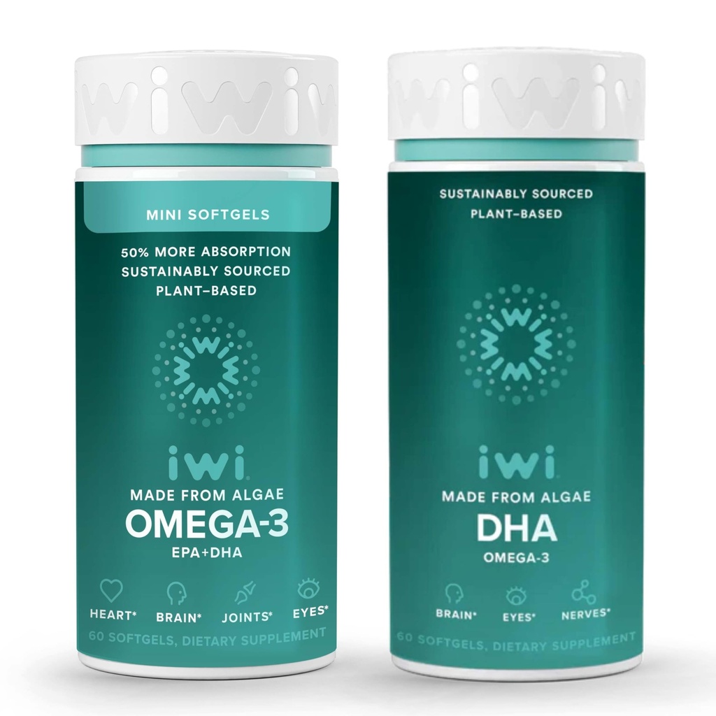 Iwi Omega-3 Minis & DHA Omega-3 Bundle, 30 portions, les algues végétales Omega 3, l'huile de Krill et de poisson alternative, sans arrière-goût de poisson