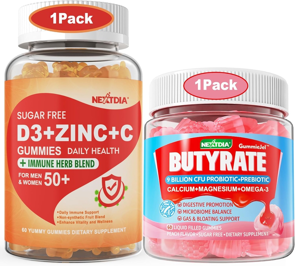 Sans sucre Vitamine C + D3 + Gommies de zinc pour adultes 50 + Gommies de Butyrate avec Probiotique + Prébiotique + Postbiotique