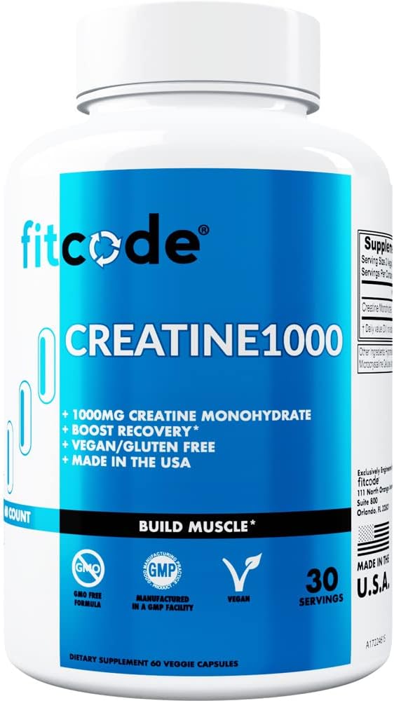 fitcode Creatine1000, 1 Gramm reines Kreatin Monohydrat in jeder Servierung, Veggie Kapseln (30 Portionen)