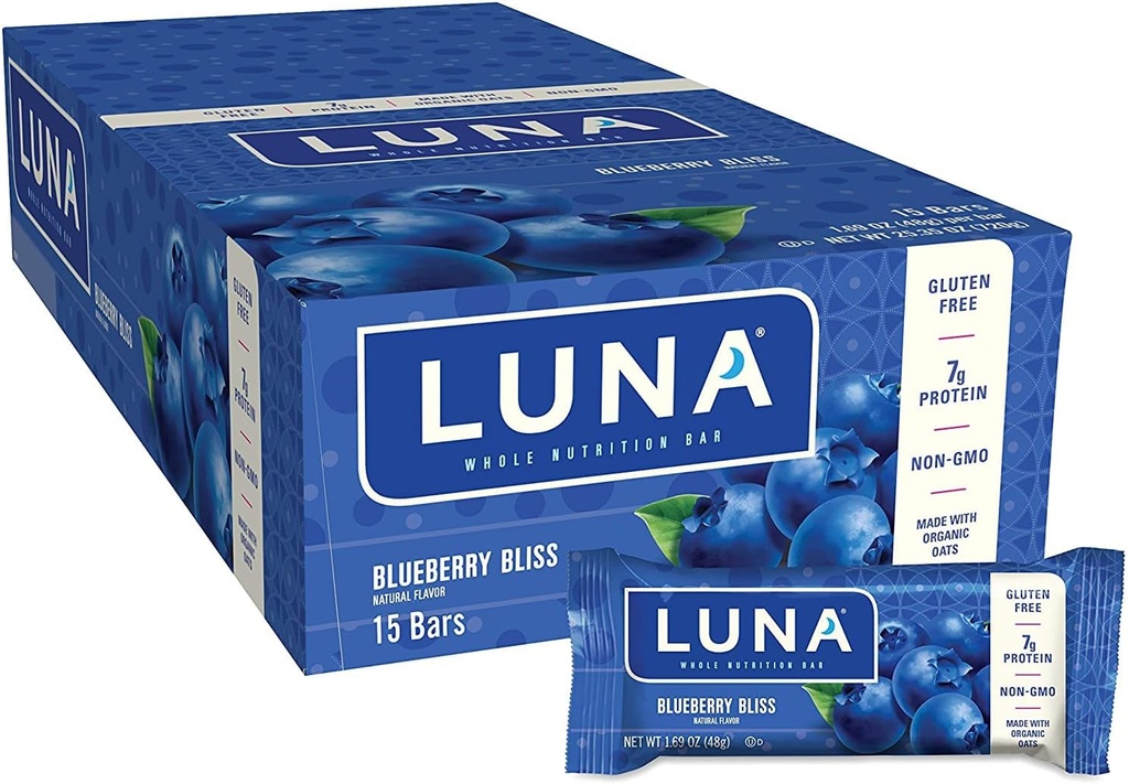 LUNA BAR - Glutenfreie Snack Bars - Blueberry Bliss Flavor - 7g Protein - Non-GMO - Plant-Based Wholesome Snacking - On the Go Snacks (1.69 Ounce Snack Bars, 15 Count)
