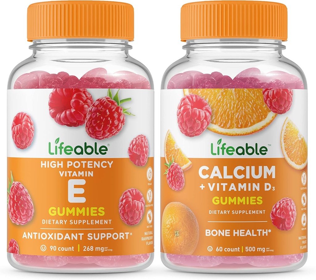 Lebensfähiges Vitamin E + Kalzium mit Vitamin D, Gummis Bundle - Große Verkostung, Vitamin-Ergänzung, Glutenfrei, GVOfrei, Kaugummi