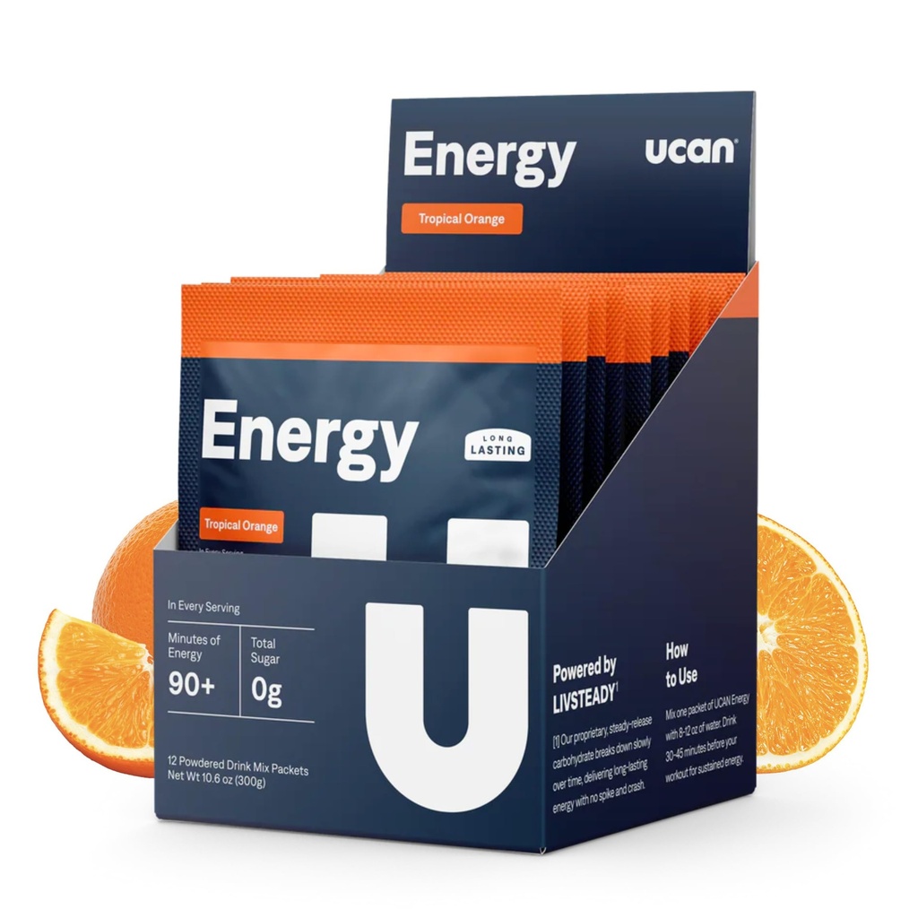 UCAN Energy Powder, Tropical Orange, Keto, Pré et post entraînement sans sucre pour les hommes et les femmes, Non-OGM, Vegan, Sans gluten, Idéal pour les coureurs, Gym-Goers et les athlètes de haute performance (12 portions, 25g)