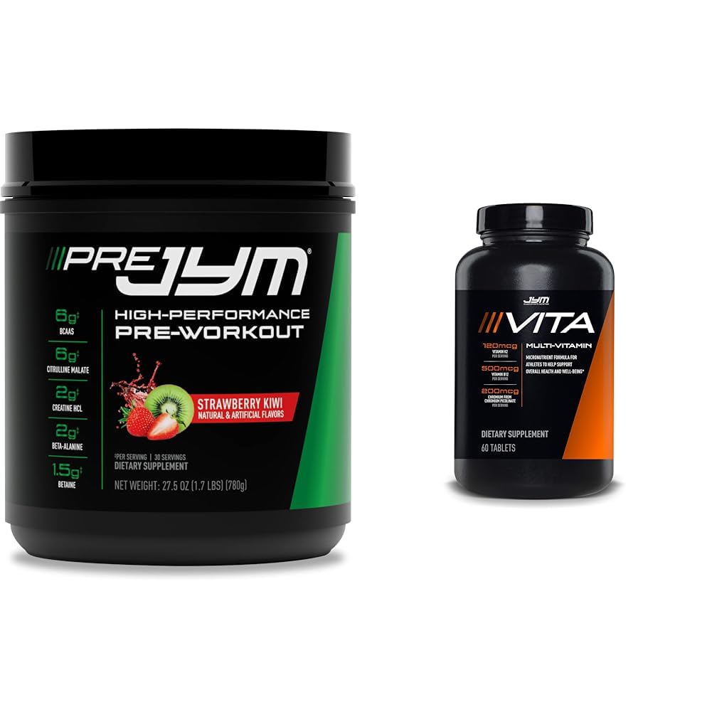 Supplément JYM Science PRE JYM 30 portions - Kiwi fraise & tamin & soutien minéral, vitamine A, C, B6, B12, E, K, Boron, Biotine, Potassium 60 comprimés