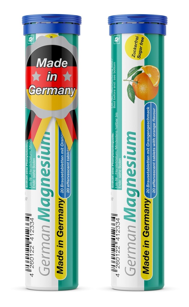 Supplément d'oxyde de magnésium allemand (comprimés effervescents) Arôme orange – 200 mg de magnésium par portion (sans sucre), végétalien – T & D Pharma – Fabriqué en Allemagne
