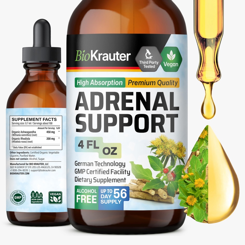 BIO KRAUTER Adrenal Support Tincture - Rhodiola & Ashwagandha Ergänzungen - Vegan Mood Support Drops 4 Fl.Oz.