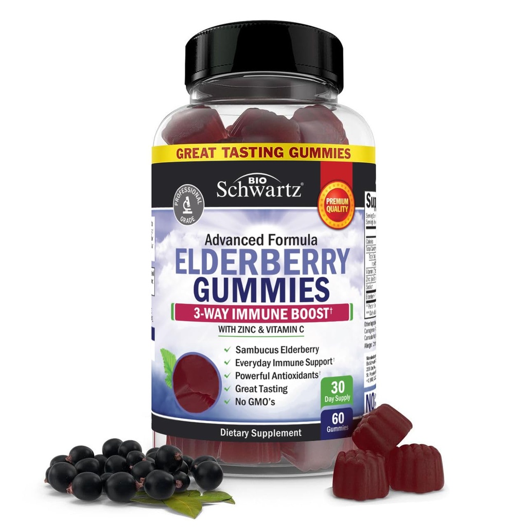 BioSchwartz Elderberry Gummies mit Zink und Vitamin C - Natürliche Immununterstützung für Erwachsene und Kinder - Schwarze Sambucus Elderberries - Third-Party getestet, Non-GMO, Vegan Multimineral Supplement, 60 Count