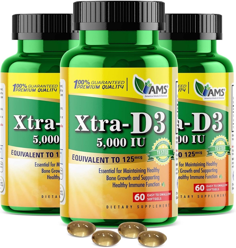 America Medic & Science Xtra D3 Vitamine D 5 000 UI (125 mcg)Cholecalciferol Supplément pour les hommes et les femmes(180Facile à avaler Softgels) 3pack="Meilleure pour les os, la santé cardiaque, le système immunitaire, la fonction pulmonaire
