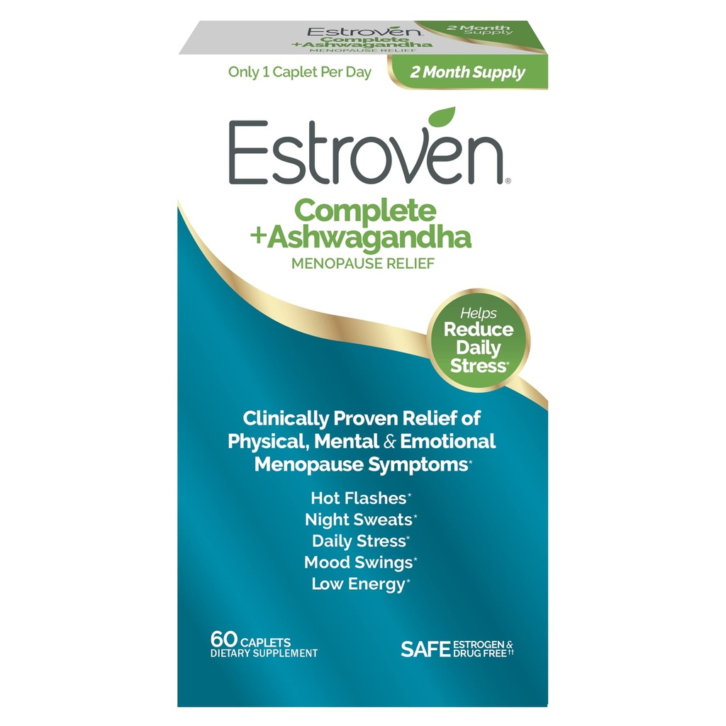 Estroven Complete + Ashwagandha Multi-Symptom Menopause Supplement für Damen - 60 Ct. - Klinisch bewährte Inhaltsstoffe bieten Menopause Relief & Night Sweats + Hot Flash Relief* - Drug-Free & Non-GMO