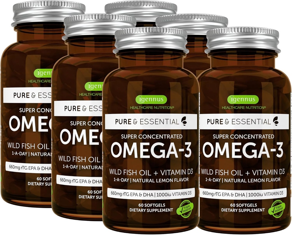 Igennus Advanced rTG Omega-3 IFOS Certified Wild Fish Oil & Vitamine D3, 1-a-jour, acides gras EPA & DHA, forme de triglycéride à action rapide, ultra pure et non-OGM, 360 Softgels