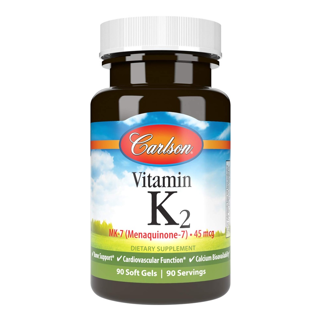 Carlson - Vitamin K2 MK-7 (Menaquinone), 45 mcg, Knochenunterstützung, Calcium Bioverfügbarkeit, K2 Vitamin, Vitamin K-2, 90 Softgels