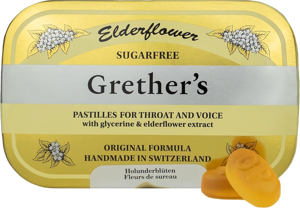 GRETHER'S Sweatfree Elderflower Pastilles Remedy for Sec Bouche Relief - Throat apaisant et voix saine - Cadeau pour les chanteurs - 1-Pack - 2,1 oz.