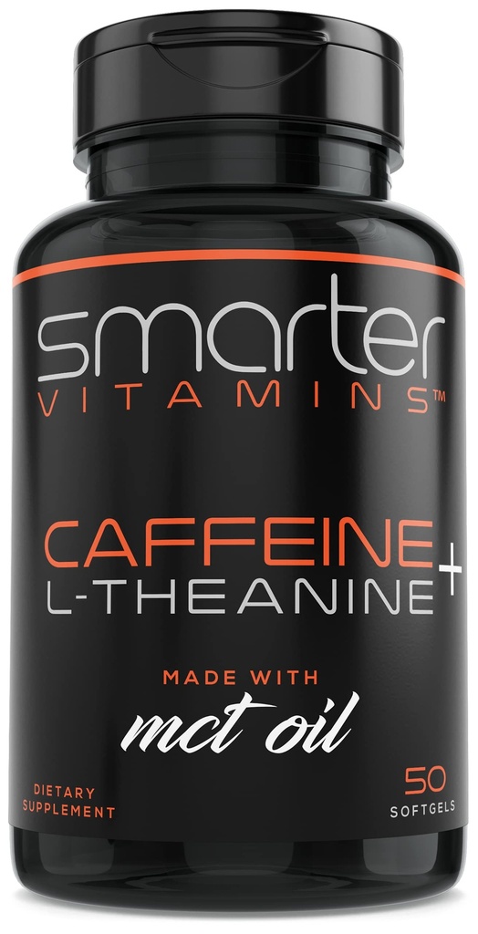SmarterVitamine 200mg Koffein Pillen - MCT Öl aus 100% Kokosnüssen + 100mg L-Theanin, Energie und Fokus, Extended Release Capsule, 50 Liquid Softgels