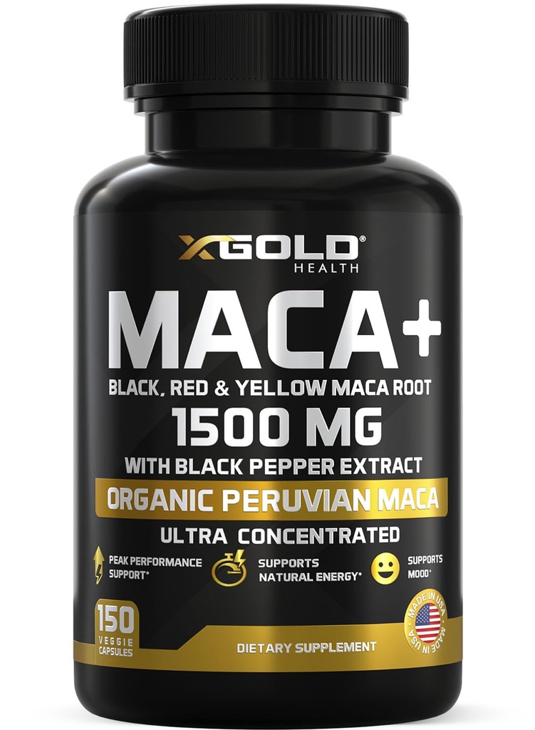 X Gold Health Organic Maca Root Powder Capsules de 1500mg avec noir
