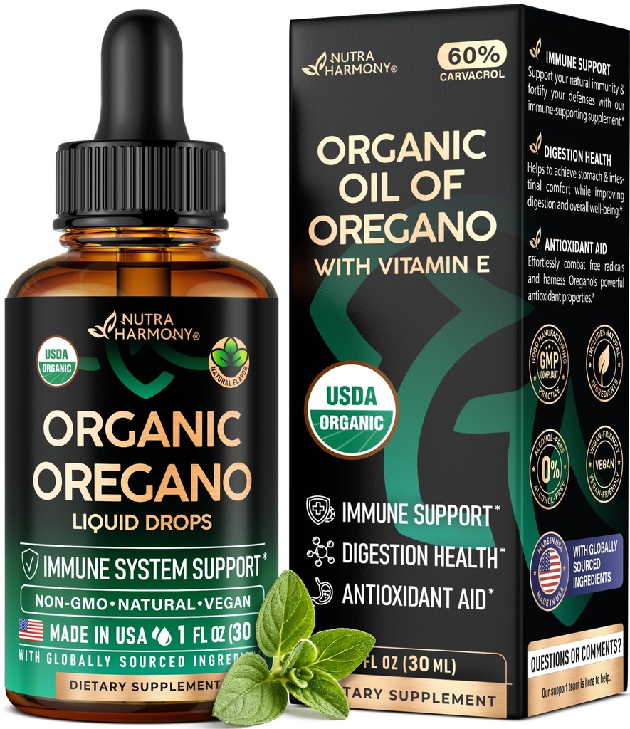 USDA Huile organique d'Origan - gouttes liquides avec vitamine E - Fabriqué aux États-Unis - Supplément pour le soutien immunitaire, la digestion santé et antioxydant - Non-OGM, naturel, végétalien - Comme pilules, capsules, softgels 1 fl oz