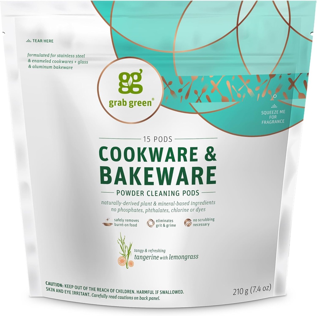 Grab Green Cookware and Bakeware Cleaner Pods,15 Pods, Tangerine Lemongrass Duft, Pflanzen und Mineral basiert, entfernt Burnt-On Food, beseitigt Stains
