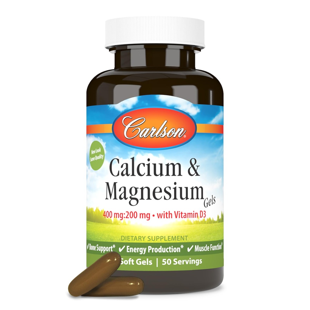 Carlson - Cal-Mag Gels, 2:1 Calcium bis Magnesium Ratio, Knochenunterstützung, Energieproduktion, 100 Weichgele