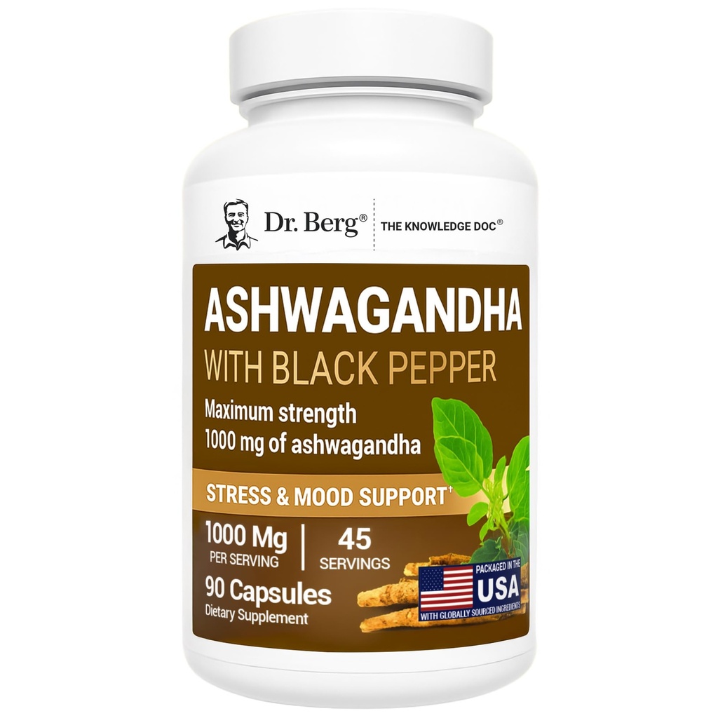 Dr. Berg Ashwagandha Kapseln 1000mg - Inklusive Ashwagandha Wurzel mit schwarzem Pfeffer von Bioperine - Ashwagandha Ergänzungen 90 Kapseln