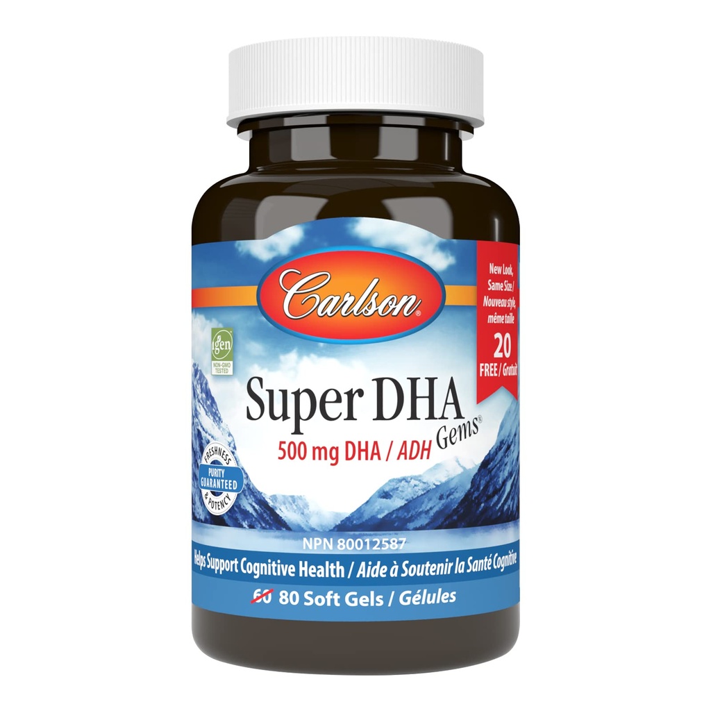 Carlson - Super DHA Gems, 500 mg DHA Suppléments, 640 mg Acides gras, concentré d'huile de poisson de l'Arctique norvégien, capsules d'huile de poisson nordique, 60+20 Softgels