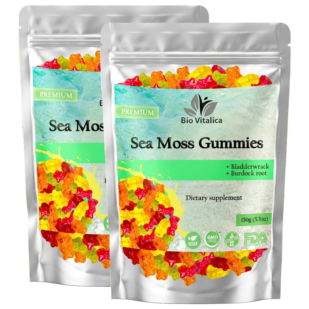 BIO VITALICA Sea Moss Gummis – mit Bladderwrack & Burdock Root – Wildcrafted Gel + Powder – Vegan, Keto, Non-GMO, Gluten-Free – Fruchtige Mineral-Rich-Gummien – 50 Count (2 Pack)