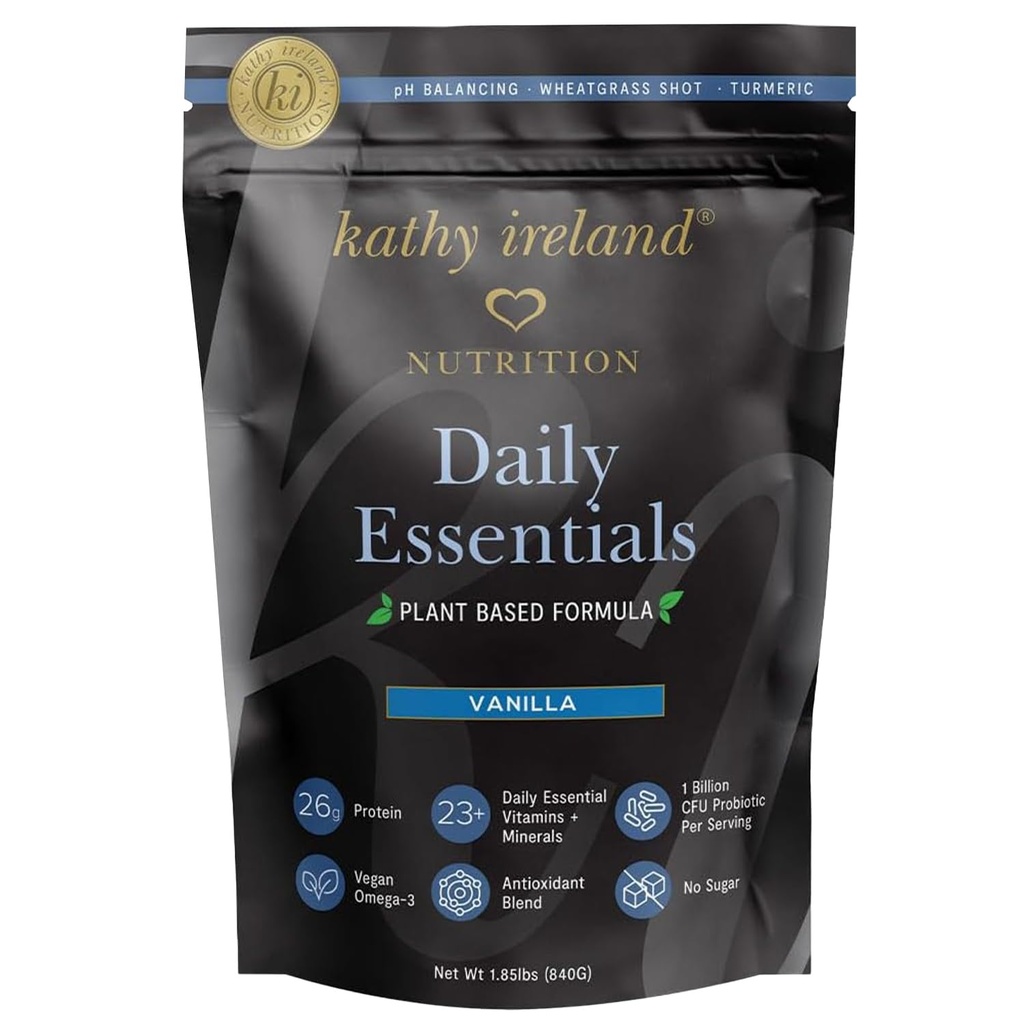 Kathy Ireland Plant-Based Vanille Protein Powder, 26g Protein, Low-Carb-Meal-Ersatz, Pea, Mung & Fava Bean Mischung mit Probiotics, Vitamine & Minerals, 1,85 lbs