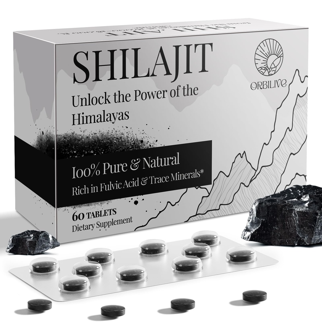 30 000 MG Shilajit Comprimés, 100% Shilajit Pure, Himalayan Organic, Shilajit pour hommes et femmes riches en acide fulvic & 85+ Trace Minerals, Supplément Shilajit pour le système d'énergie et d'immunité, 60 Compte