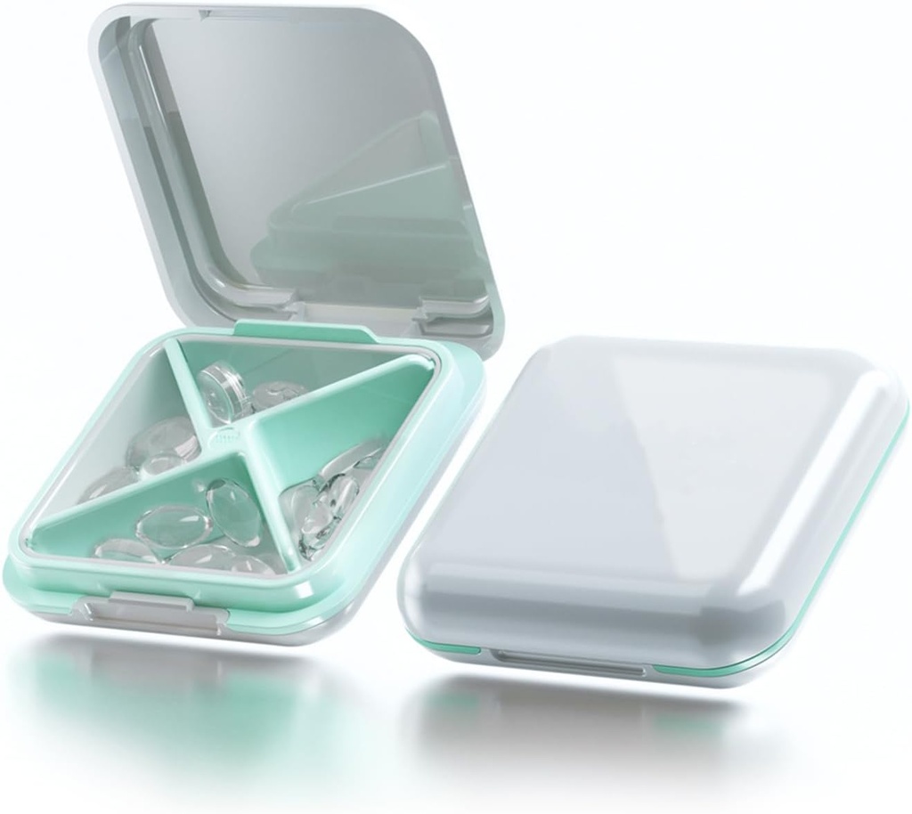Petite boîte à pilules Étanche à l'eau Cas de pilules Portable Daily Pill Container Pill Holder Purse 4 Compartiments Pocket Compact Medicine Organizer for Vitamine/Pish Oils/Supplements/Medication (White)