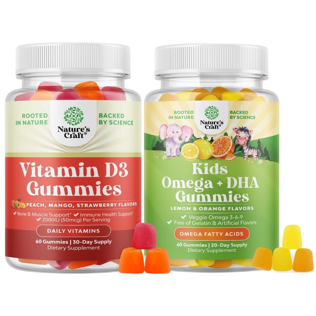 Bundle Vitamin D3 Gummis für tägliches Wellness mit 2000IU pro Servieren Knochenmuskel & Immununterstützung und Kinder DHA Omega 3 Gummis - Fettsäuren Omega 3 6 9 für Gehirn, Immunstärke & Vision