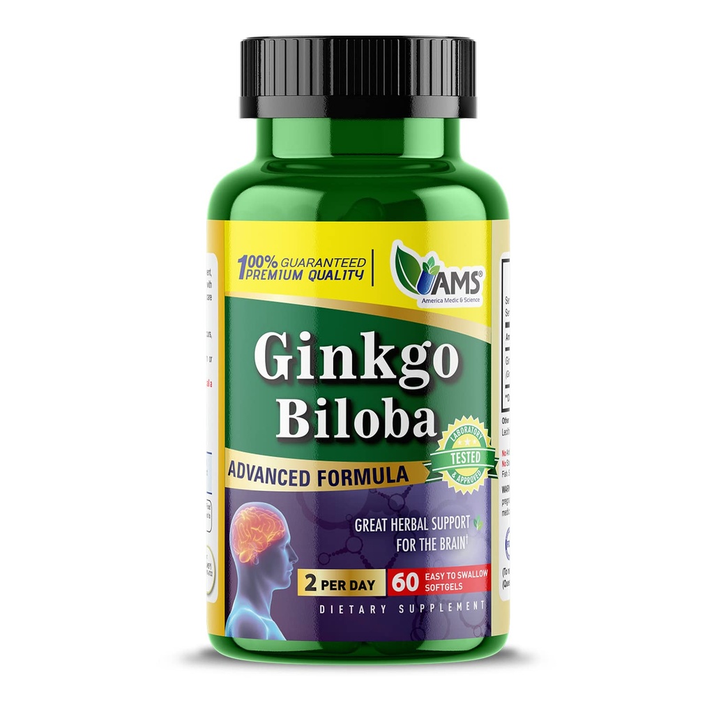 Amerika Medic & Science Ginkgo Biloba 60mg (60 Softgels) | Brain Booster Supplement für Männer und Frauen | Mind Enhancer mit Kräuterblatt Extrakt