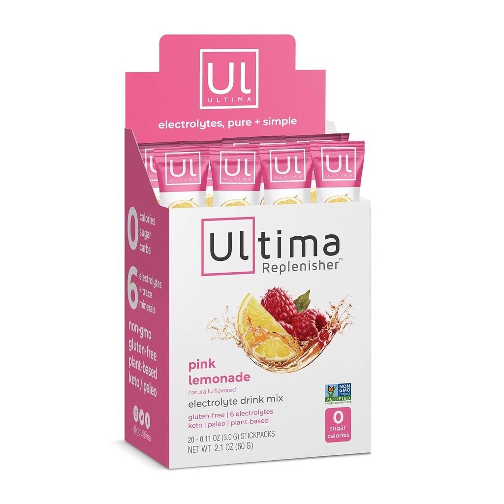 Ultima Replenisher Elektrolyt Hydration Drink Mix, Pink Lemonade, 20 Servieren Stickpack Box - Sugar Free, 0 Kalorien, 0 Carbs - Glutenfrei, Keto, Non-GMO, Vegan