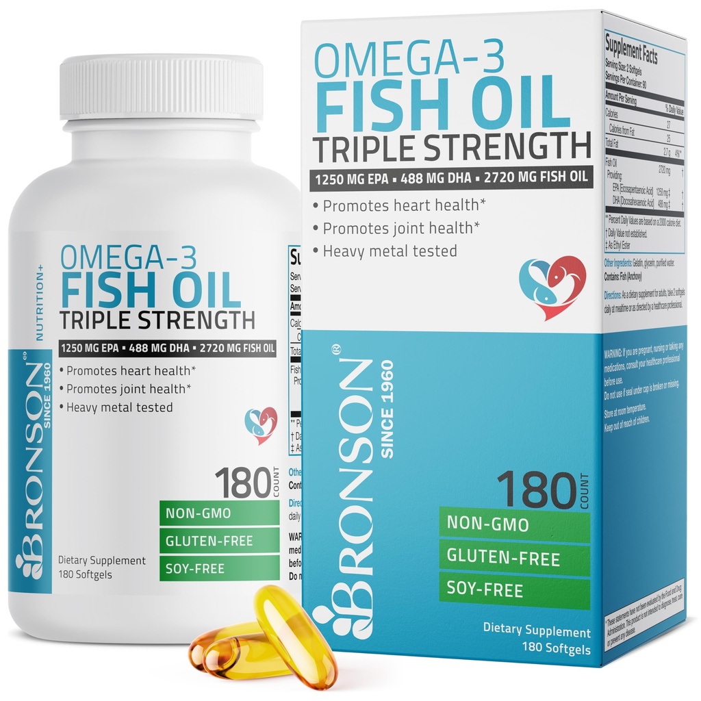 Bronson Omega 3 Fish Oil Triple Strength 2720 mg, High EPA 1250 mg DHA 488 mg, Non-GMO Heavy Metal Getestet, 180 Softgels
