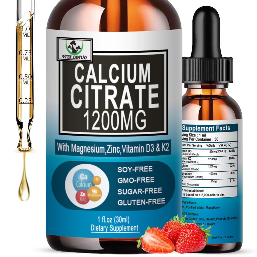 Supplément de citrate de calcium,1200mg Calcium avec vitamine D3 gouttes pour os, dents, couleur, santé cardiovasculaire, haute absorption Calcium liquide Citrate de magnésium 400mg Plus zinc vitamine K2,Vegan,30 portions