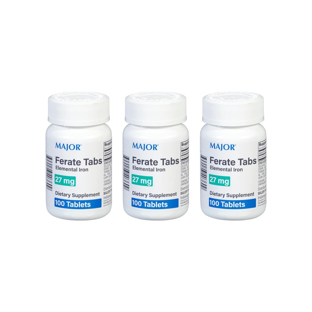 Major 27 mg Tabs ferrés - Supplément alimentaire élémentaire de fer au gluconate ferreux - 100 Compte (3 paquets)