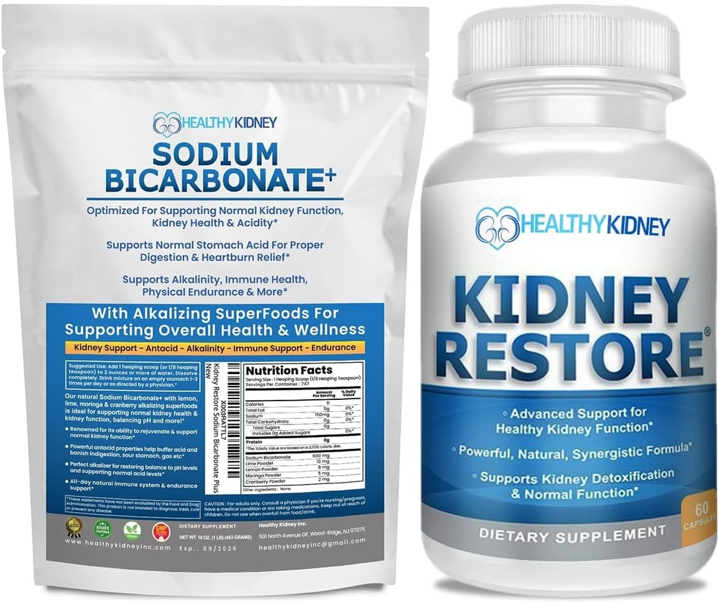 Kidney Restore Organic Sodium Bicarbonat Alkaline Supplement 1LB Cleanse 60 Caps Bundle – Unterstützt Nierengesundheit, Neutralisiert Stomach Säure, Alkaline Superfoods, Immununterstützung, Antacid & Vitamins f