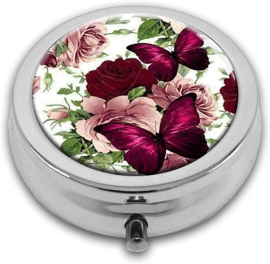 Rose Schmetterlinge Pille Box Geldbörse Kleine Runde Silber Pille Case Dekorative Box Metall Medizin Vitamin Pille Organizer Portable Einzigartiges Geschenk