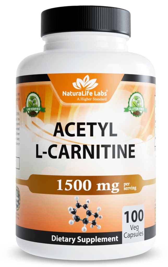 NaturaLife Labs Acetyl L-Carnitin (ALCAR) 1500 mg pro Portion – 100 Kapseln – Non-GMO, Glutenfrei, Vegan