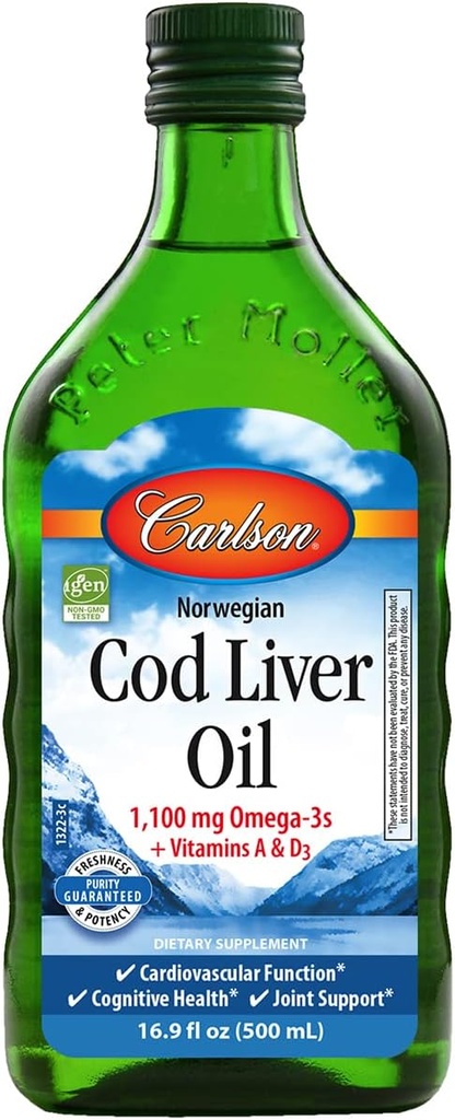 Carlson - Huile de foie de morue, 1100 mg d'Oméga-3 + A & D3, Huile de l'Arctique norvégien d'origine sauvage, huile de poisson nordique liquide, non aromatisée, 500 mL (16,9 Fl Oz)
