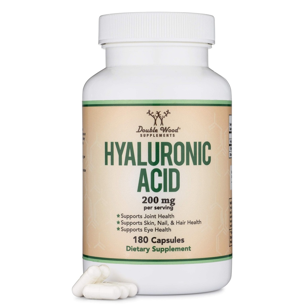 Hyaluronsäure-Ergänzungen -180 Kapseln (Verbessert Wirkungen von Hyaluronsäure-Serum für Gesicht) 200mg pro Servierung für Haut- und Gesichtsalterung Unterstützung (Acido Hialuronico) Gluten frei von Doppelholz