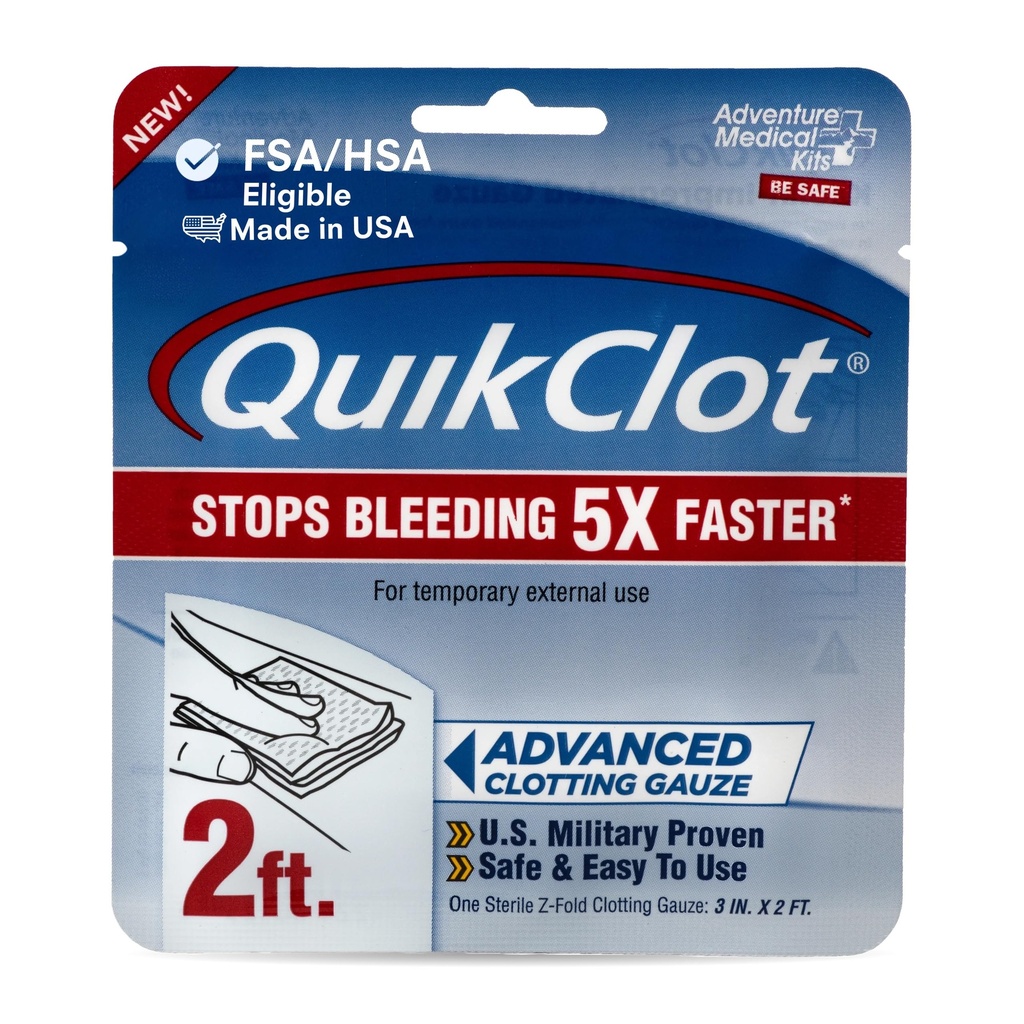 Kits médicaux d'aventure QuikClot Gauze - Une jauge médicale hémostatique flexible pour la survie d'urgence ou la préparation aux catastrophes Kits et plus - Arrête de saigner rapidement avec Kaolin - 3" x 24"