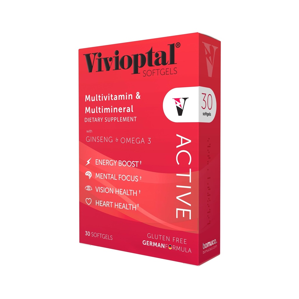 Vivioptal Active, 30 Softgels, Ginseng et Omega 3, Multivitamine et multiminérale, sans gluten, formule allemande