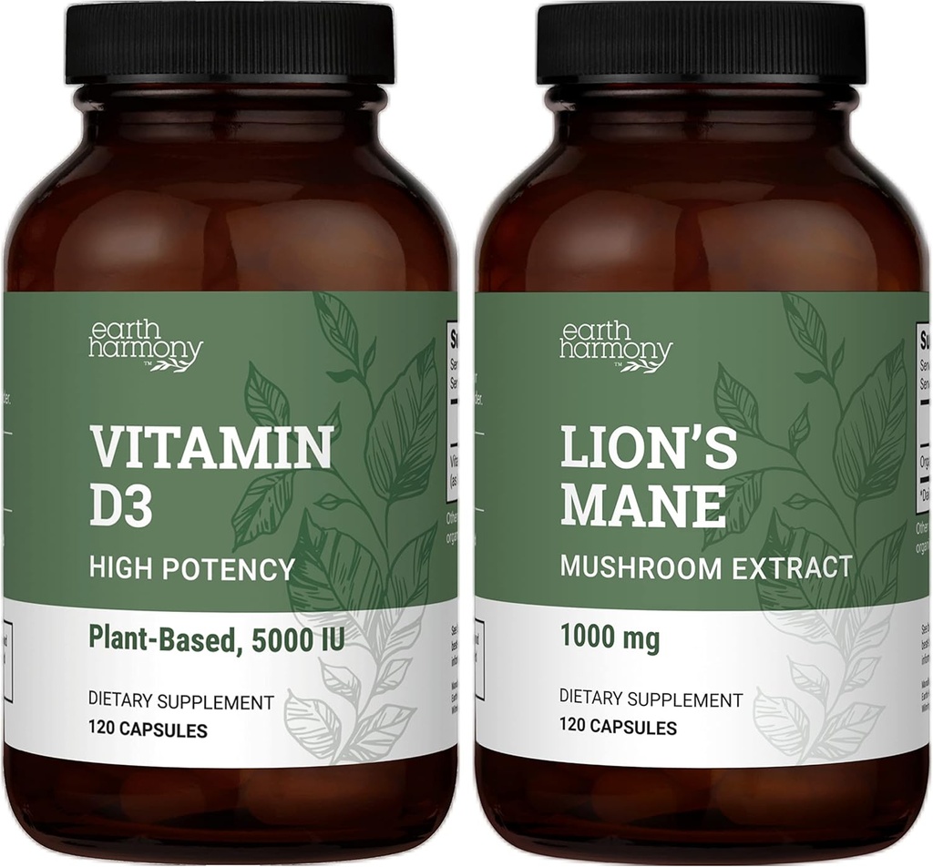 Earth Harmony Vegan Vitamin D3 5000 iu & Bio Lion's Mane 1000mg Supplement - 120 Kapseln Jede