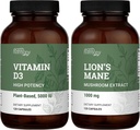 Earth Harmony Vegan Vitamin D3 5000 iu & Bio Lion's Mane 1000mg Supplement - 120 Kapseln Jede
