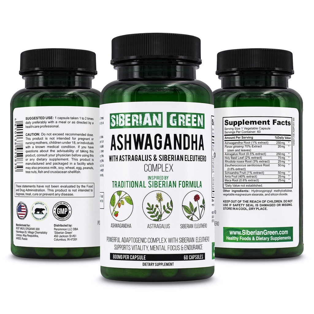 Racine d'Ashwagandha biologique verte de Sibérie avec Astragalus & Sibérie Eleuthero Ginseng Complex 60 Capsules Powerful Herbal Support
