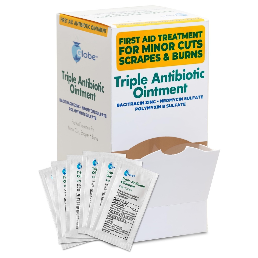 Globe (144 Pack) Onguent triple antibiotique 0,9g Single Packet, trousse de premiers soins pour les petites éraflures, les blessures, les coupures et les brûlures, prévient l'infection ingrédients actifs Comparer à la marque principale, taille de voyage