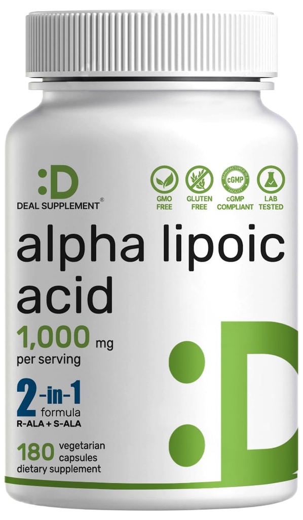Alpha Lipoic Acid 1000mg, 180 Veggie Kapseln – 50/50 R-ALA & S-ALA für Max Bioverfügbarkeit – Antioxidans Supplement – Energie & Nervous System Support – Non-GMO