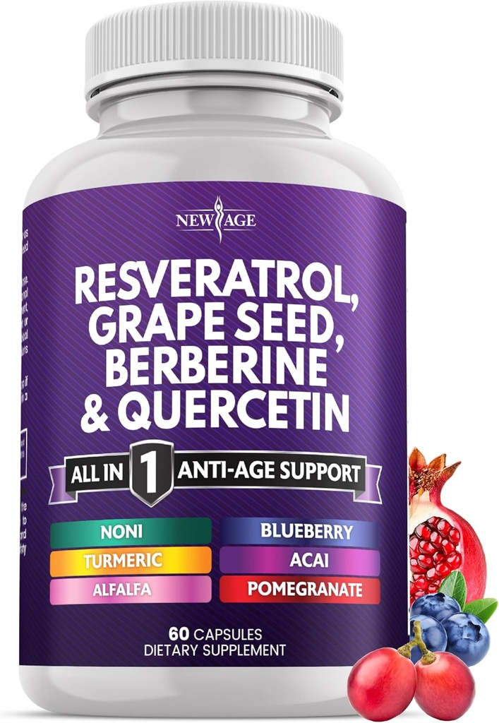 NEU AGE Resveratrol, Berberine, Grape Seed Extract, Quercetin - Polyphenol Supplement für Frauen und Männer mit Noni Extract, N-Acetyl Cystein, Acai Extract - 60 Kapseln