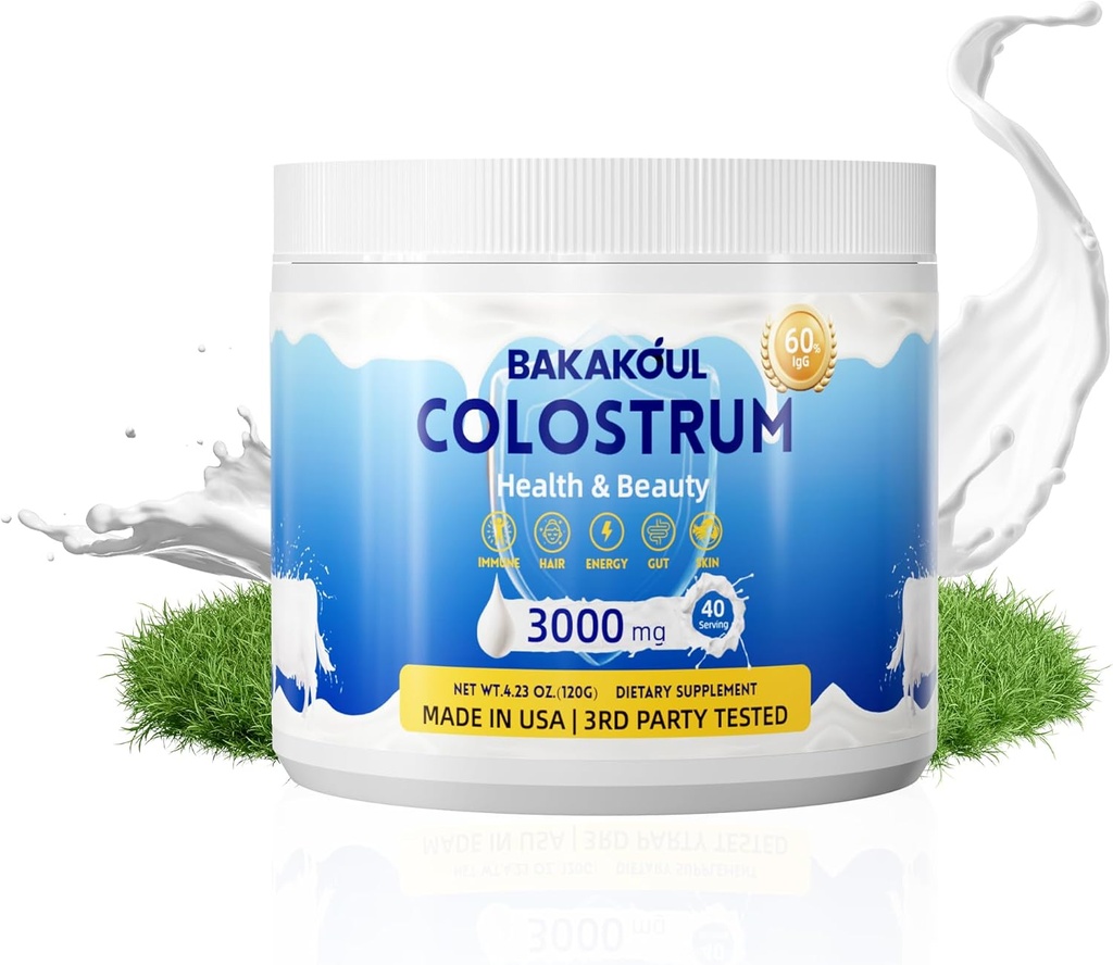 Poudre de supplément de colostrum de la viande bovine - 60% IgG 3000 mg Colostrum de la viande bovine - Gout, Croissance des cheveux, Exercice, Immune, Beauté - Facile à mélanger, Sans saveur 40 portions (1 bouteille)